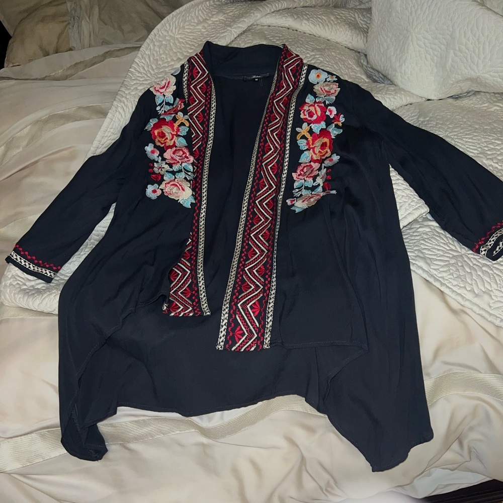 Lightweight embroidered open front cardigan